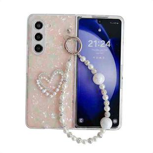 For Samsung Galaxy Z Fold4 Pearlescent Shell Texture Heart Pattern Phone Case with Bracelet(Pink)