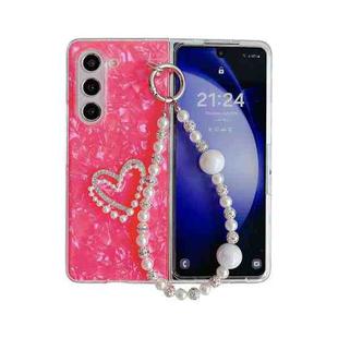 For Samsung Galaxy Z Fold5 Pearlescent Shell Texture Heart Pattern Phone Case with Bracelet(Red)