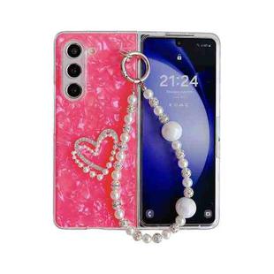 For Samsung Galaxy Z Fold6 Pearlescent Shell Texture Heart Pattern Phone Case with Bracelet(Red)