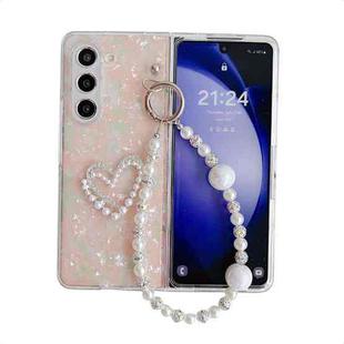 For Samsung Galaxy Z Fold6 Pearlescent Shell Texture Heart Pattern Phone Case with Bracelet(Pink)