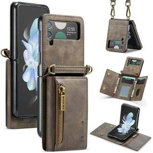 For Samsung Galaxy Z Flip4 5G DG.MING M5 Series Zip RFID Multi Card Detachable Leather Phone Case with Long Lanyard(Coffee)