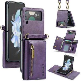 For Samsung Galaxy Z Flip4 5G DG.MING M5 Series Zip RFID Multi Card Detachable Leather Phone Case with Long Lanyard(Purple)