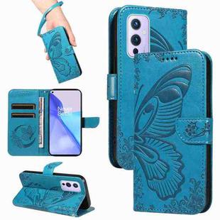 For OnePlus 9 Swallowtail Butterfly Embossed Leather Phone Case(Blue)