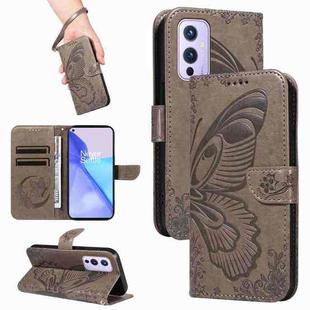 For OnePlus 9 Swallowtail Butterfly Embossed Leather Phone Case(Grey)