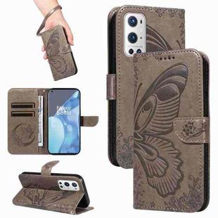 For OnePlus 9 Pro Swallowtail Butterfly Embossed Leather Phone Case(Grey)