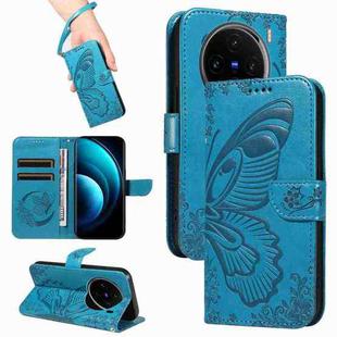 For vivo X100 5G Swallowtail Butterfly Embossed Leather Phone Case(Blue)