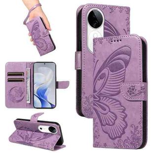 For vivo V40 5G Swallowtail Butterfly Embossed Leather Phone Case(Purple)