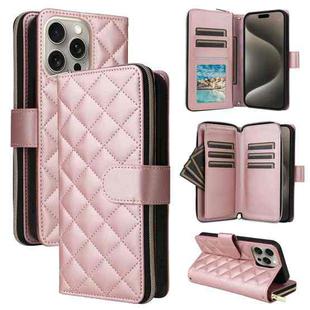 For iPhone 15 Pro Max Crossbody Rhombic Zipper Tower Buckle Leather Phone Case with Lanyard(Rose Gold)