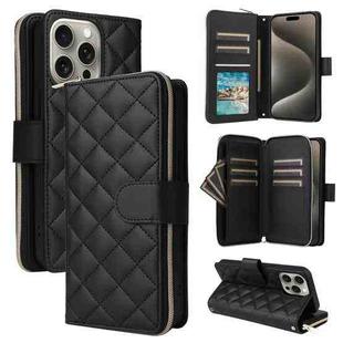 For iPhone 15 Pro Max Crossbody Rhombic Zipper Tower Buckle Leather Phone Case with Lanyard(Black)