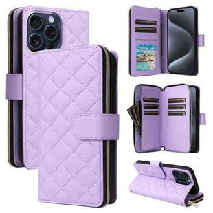 For iPhone 15 Pro Crossbody Rhombic Zipper Tower Buckle Leather Phone Case with Lanyard(Purple)