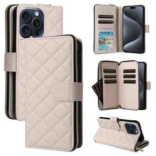 For iPhone 15 Pro Crossbody Rhombic Zipper Tower Buckle Leather Phone Case with Lanyard(Beige)