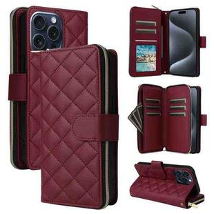 For iPhone 15 Pro Crossbody Rhombic Zipper Tower Buckle Leather Phone Case with Lanyard(Wine Red)