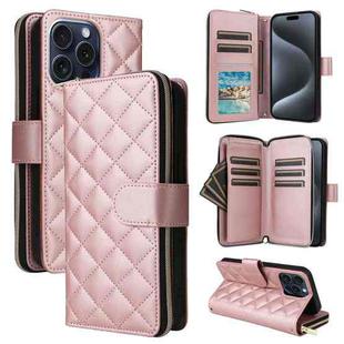 For iPhone 15 Pro Crossbody Rhombic Zipper Tower Buckle Leather Phone Case with Lanyard(Rose Gold)