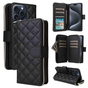 For iPhone 15 Pro Crossbody Rhombic Zipper Tower Buckle Leather Phone Case with Lanyard(Black)