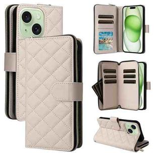 For iPhone 15 Plus / 14 Plus Crossbody Rhombic Zipper Tower Buckle Leather Phone Case with Lanyard(Beige)