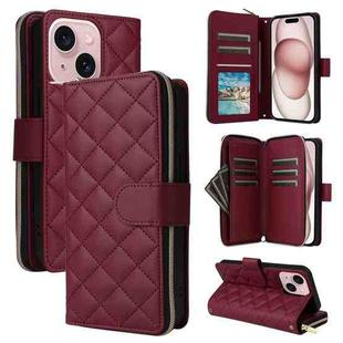 For iPhone 15 Crossbody Rhombic Zipper Tower Buckle Leather Phone Case with Lanyard(Wine Red)