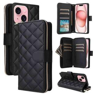 For iPhone 15 Crossbody Rhombic Zipper Tower Buckle Leather Phone Case with Lanyard(Black)