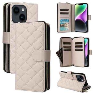 For iPhone 14 / 13 Crossbody Rhombic Zipper Tower Buckle Leather Phone Case with Lanyard(Beige)