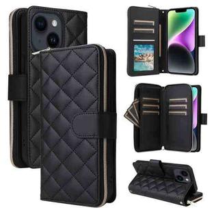 For iPhone 14 / 13 Crossbody Rhombic Zipper Tower Buckle Leather Phone Case with Lanyard(Black)