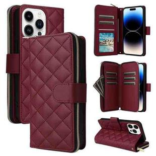 For iPhone 14 Pro Crossbody Rhombic Zipper Tower Buckle Leather Phone Case with Lanyard(Wine Red)
