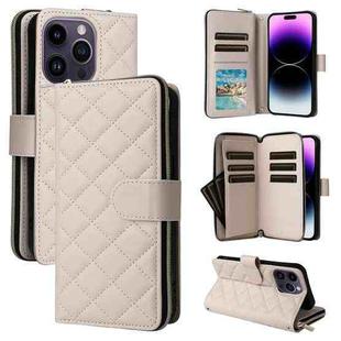 For iPhone 14 Pro Max Crossbody Rhombic Zipper Tower Buckle Leather Phone Case with Lanyard(Beige)