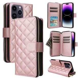 For iPhone 14 Pro Max Crossbody Rhombic Zipper Tower Buckle Leather Phone Case with Lanyard(Rose Gold)