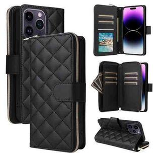 For iPhone 14 Pro Max Crossbody Rhombic Zipper Tower Buckle Leather Phone Case with Lanyard(Black)