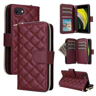 For iPhone SE 2022 / SE 2020 / 8 Crossbody Rhombic Zipper Tower Buckle Leather Phone Case with Lanyard(Wine Red)