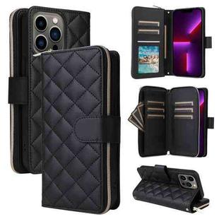 For iPhone 13 Pro Crossbody Rhombic Zipper Tower Buckle Leather Phone Case with Lanyard(Black)