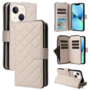 For iPhone 13 mini Crossbody Rhombic Zipper Tower Buckle Leather Phone Case with Lanyard(Beige)