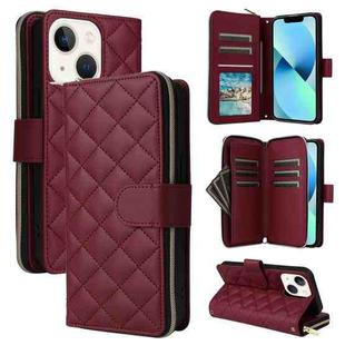 For iPhone 13 mini Crossbody Rhombic Zipper Tower Buckle Leather Phone Case with Lanyard(Wine Red)