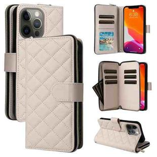 For iPhone 12/12 Pro Crossbody Rhombic Zipper Tower Buckle Leather Phone Case with Lanyard(Beige)