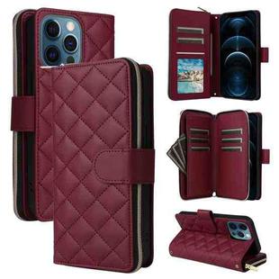 For iPhone 12 Pro Max Crossbody Rhombic Zipper Tower Buckle Leather Phone Case with Lanyard(Wine Red)