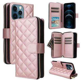 For iPhone 12 Pro Max Crossbody Rhombic Zipper Tower Buckle Leather Phone Case with Lanyard(Rose Gold)