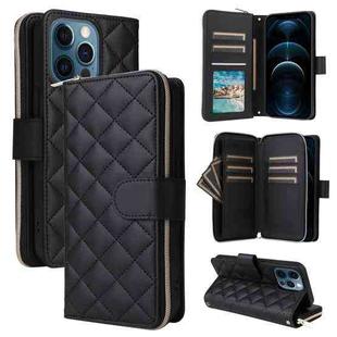 For iPhone 12 Pro Max Crossbody Rhombic Zipper Tower Buckle Leather Phone Case with Lanyard(Black)