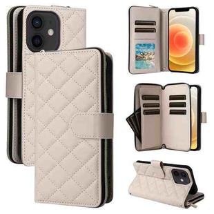For iPhone 12 mini Crossbody Rhombic Zipper Tower Buckle Leather Phone Case with Lanyard(Beige)