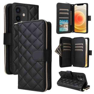 For iPhone 12 mini Crossbody Rhombic Zipper Tower Buckle Leather Phone Case with Lanyard(Black)