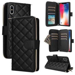 For iPhone XS / X Crossbody Rhombic Zipper Tower Buckle Leather Phone Case with Lanyard(Black)