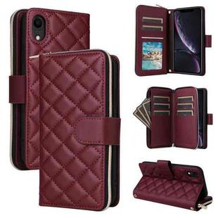 For iPhone XR Crossbody Rhombic Zipper Tower Buckle Leather Phone Case with Lanyard(Wine Red)