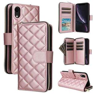 For iPhone XR Crossbody Rhombic Zipper Tower Buckle Leather Phone Case with Lanyard(Rose Gold)