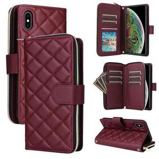 For iPhone XS Max Crossbody Rhombic Zipper Tower Buckle Leather Phone Case with Lanyard(Wine Red)