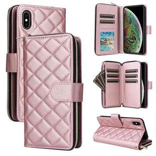 For iPhone XS Max Crossbody Rhombic Zipper Tower Buckle Leather Phone Case with Lanyard(Rose Gold)