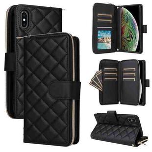 For iPhone XS Max Crossbody Rhombic Zipper Tower Buckle Leather Phone Case with Lanyard(Black)