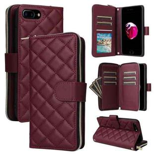 For iPhone 8 Plus / 7 Plus Crossbody Rhombic Zipper Tower Buckle Leather Phone Case with Lanyard(Wine Red)
