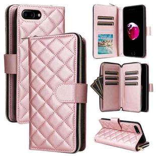 For iPhone 8 Plus / 7 Plus Crossbody Rhombic Zipper Tower Buckle Leather Phone Case with Lanyard(Rose Gold)
