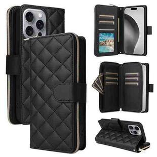 For iPhone 16 Pro Max Crossbody Rhombic Zipper Tower Buckle Leather Phone Case with Lanyard(Black)