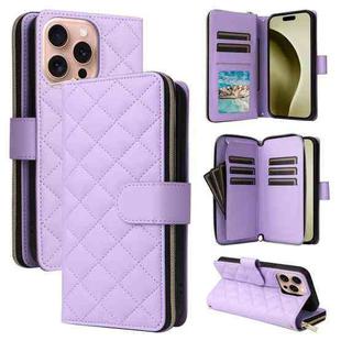 For iPhone 16 Pro Crossbody Rhombic Zipper Tower Buckle Leather Phone Case with Lanyard(Purple)