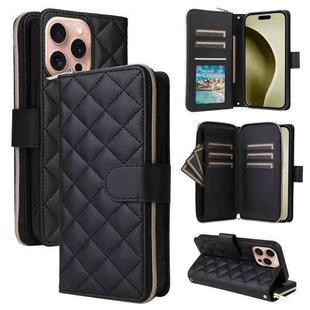 For iPhone 16 Pro Crossbody Rhombic Zipper Tower Buckle Leather Phone Case with Lanyard(Black)