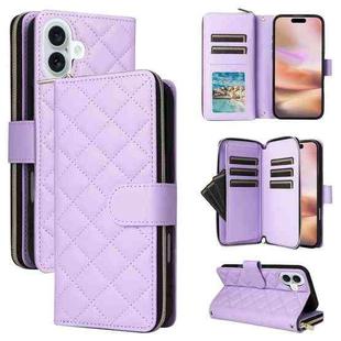 For iPhone 16 Plus Crossbody Rhombic Zipper Tower Buckle Leather Phone Case with Lanyard(Purple)