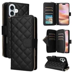 For iPhone 16 Plus Crossbody Rhombic Zipper Tower Buckle Leather Phone Case with Lanyard(Black)